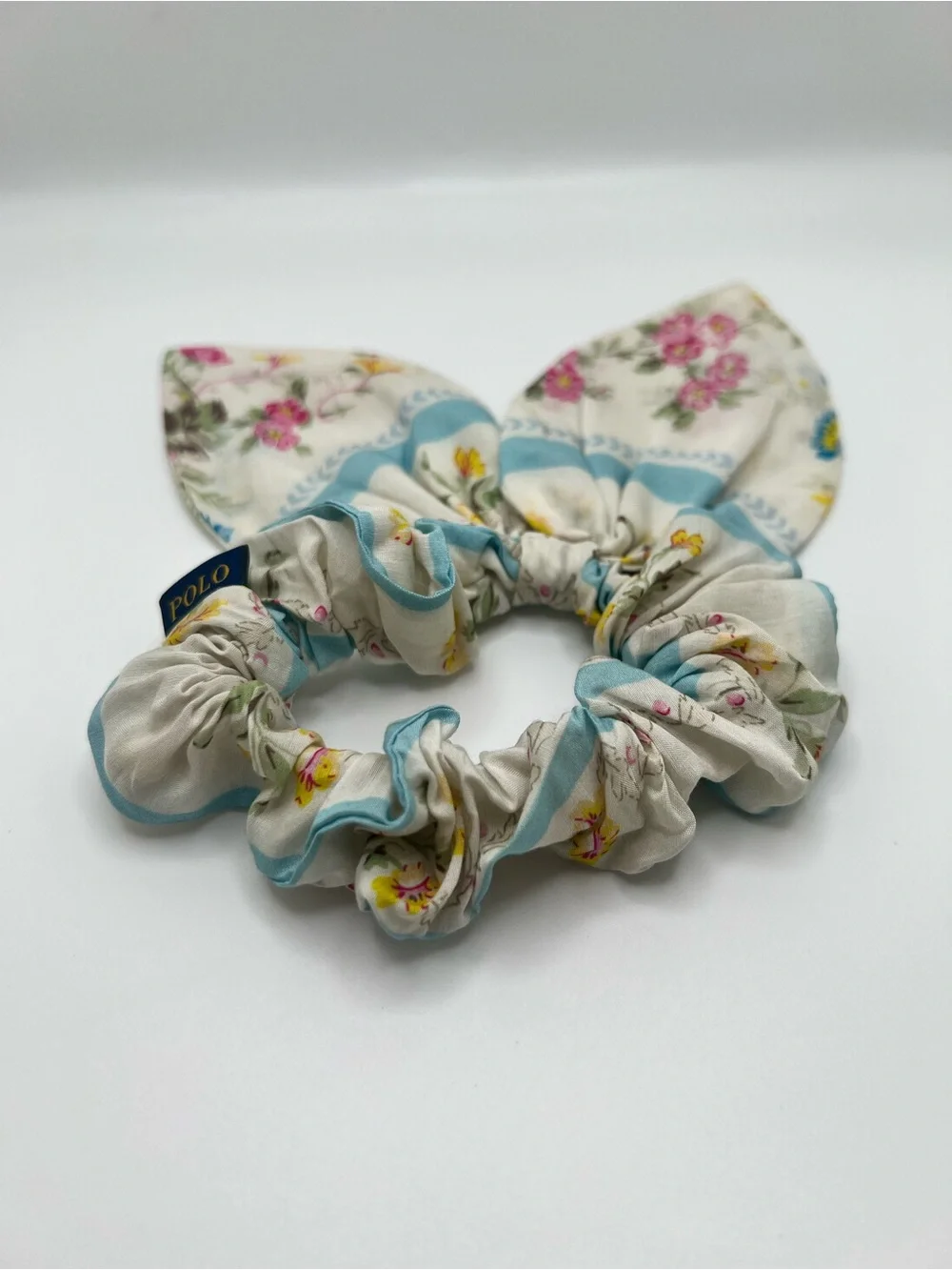 Polo Ralph Lauren Floral Bow Scrunchie in Cream and Blue